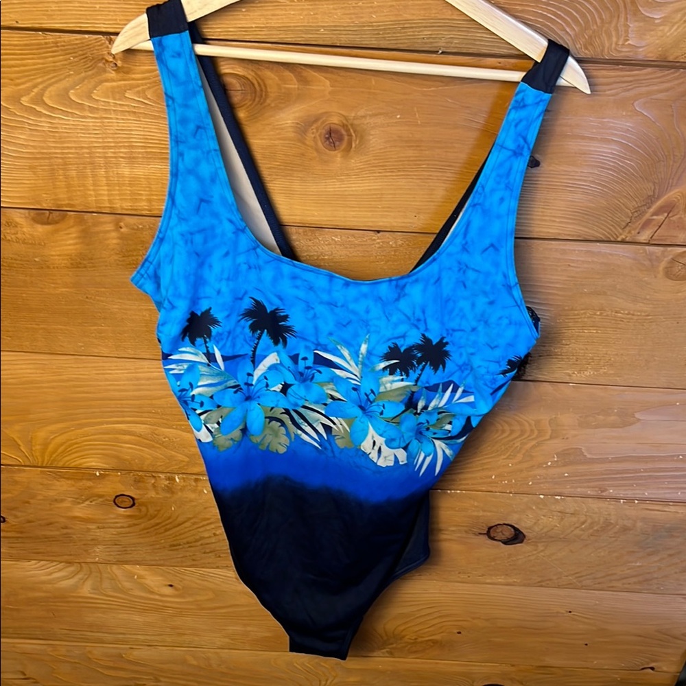Islander‎ Blue and Black One Piece Swimsuit Palm Tree Design 24W Beach Sun Sand